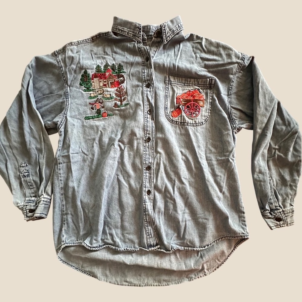 Solutions Original Denim Shirt Womens Large Embroidered Farm Pumpkin Fall Blue